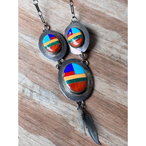 Native American Sterling Silver Navajo Necklace With Multi-Stone Inlay & Feather - Picture 1 of 8